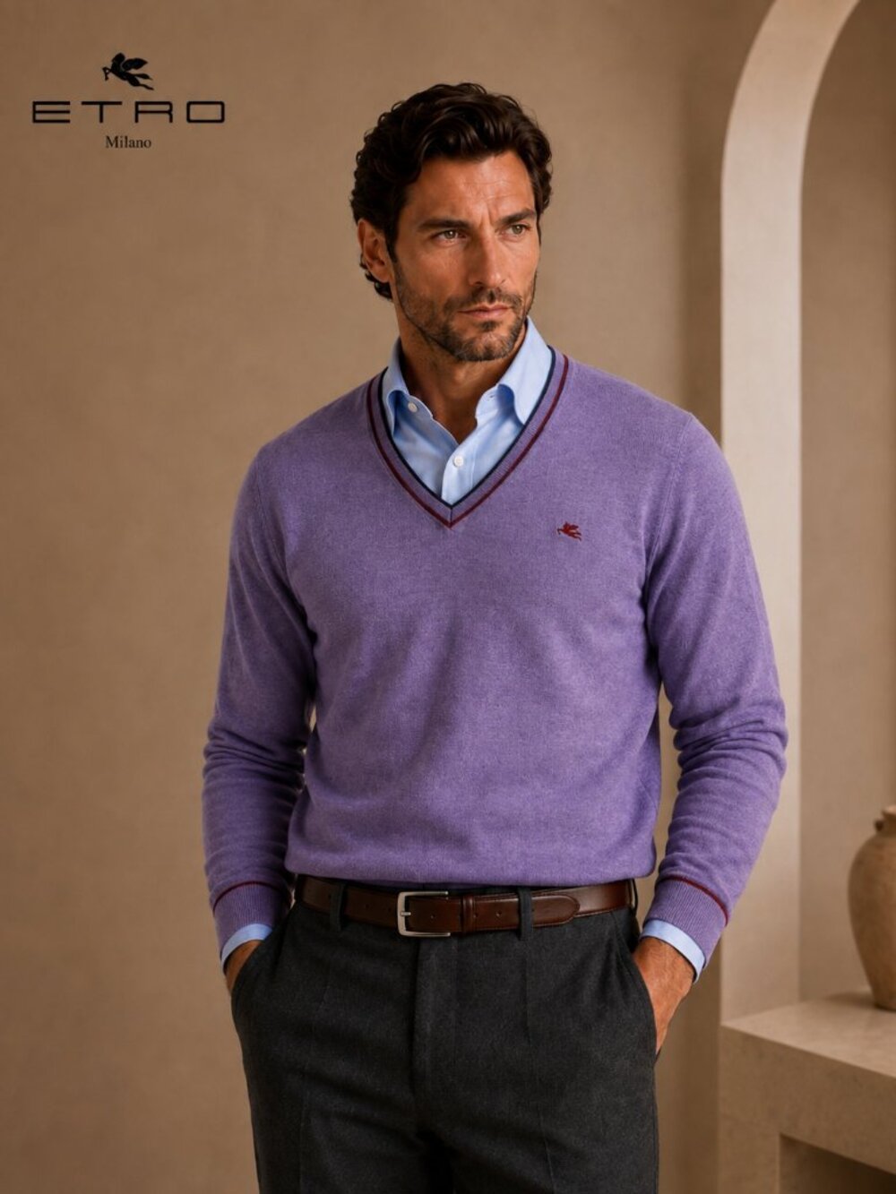 Etro Men's V-Neck Wool Sweater in Lilac Purple with Contrast Trim NWT Size M